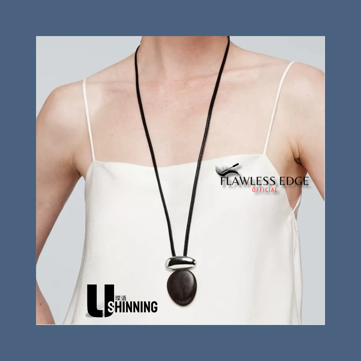 ShinningU- Vintage Ethnic Wind Simple Geometric Oval Natural Black Sandalwood Pendant Necklace Metal Splice Necklace