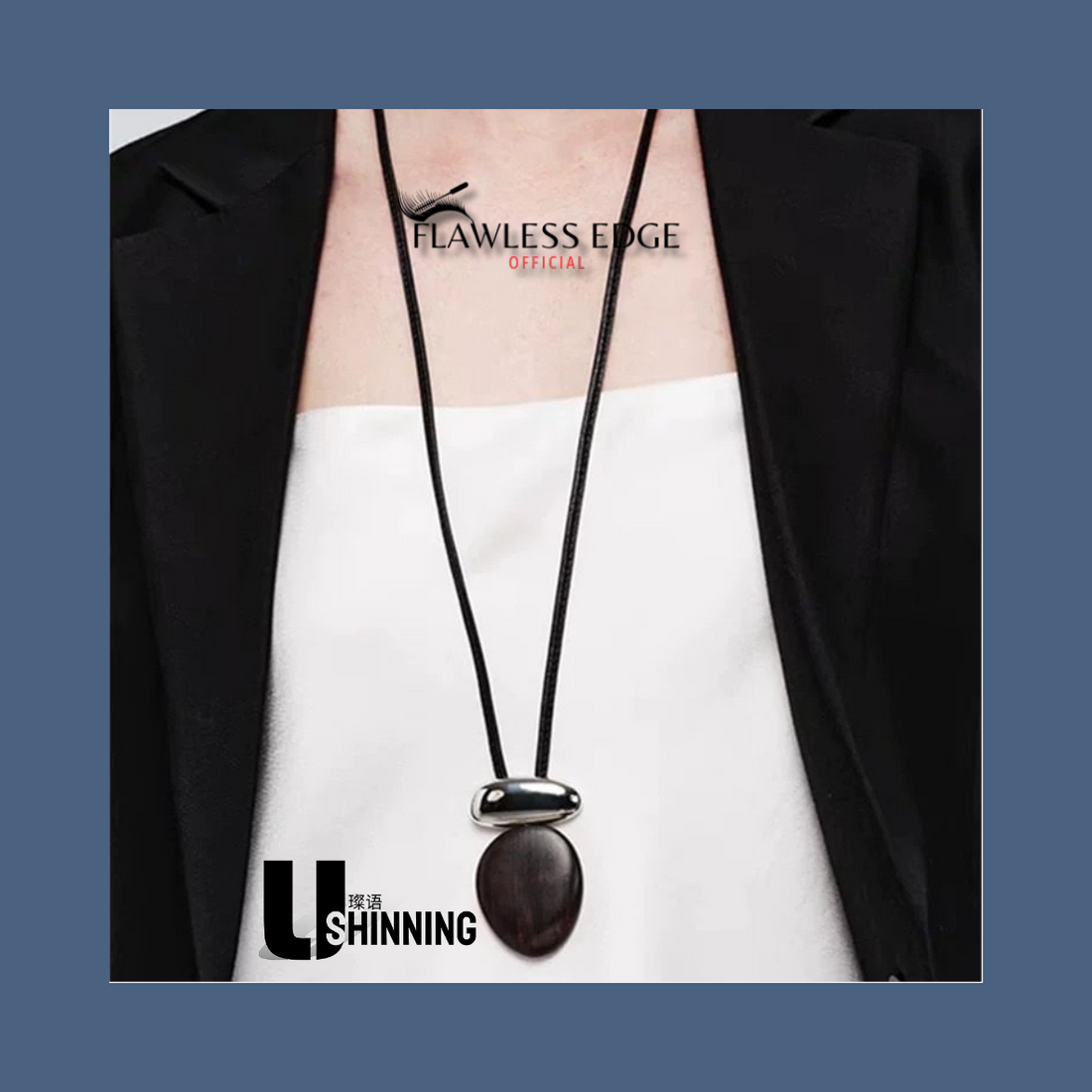 ShinningU- Vintage Ethnic Wind Simple Geometric Oval Natural Black Sandalwood Pendant Necklace Metal Splice Necklace
